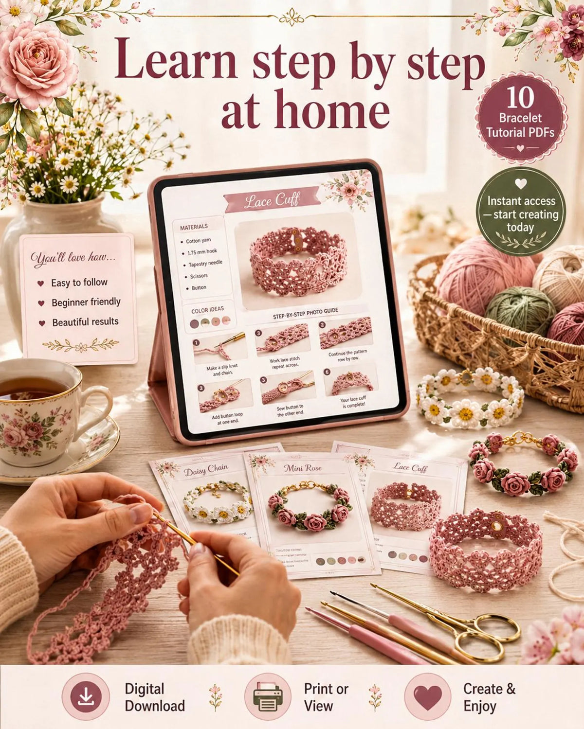 Vintage-style crochet bracelet from the 10-pattern bundle