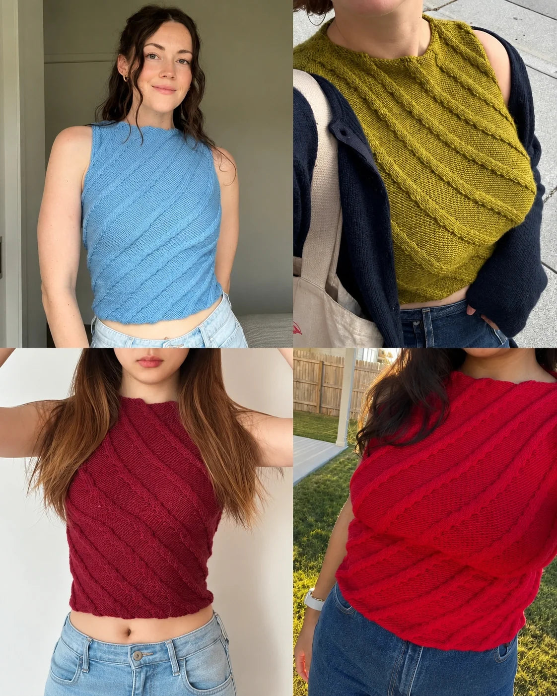 Side view of the knitted Twister Tank with cables wrapping around the body