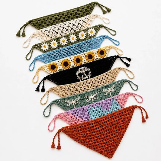 Boho-style crochet bandana worn as a headscarf