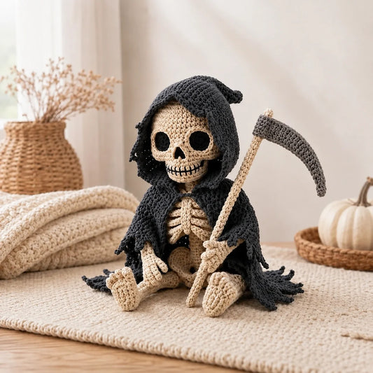 Crocheted skeleton reaper figure sitting upright, front view