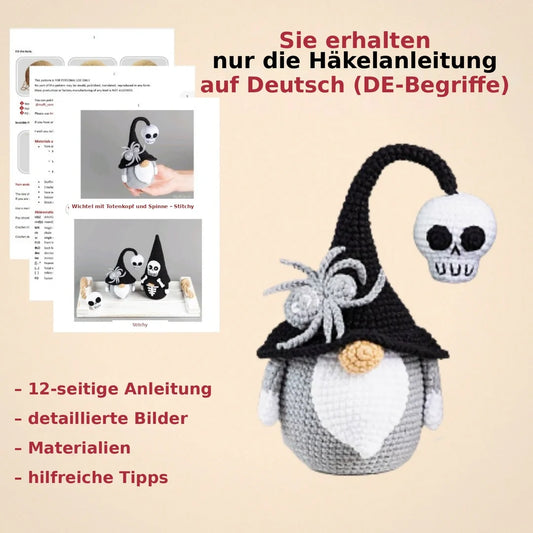 Crochet Halloween gnome with black witch hat, skull and spider
