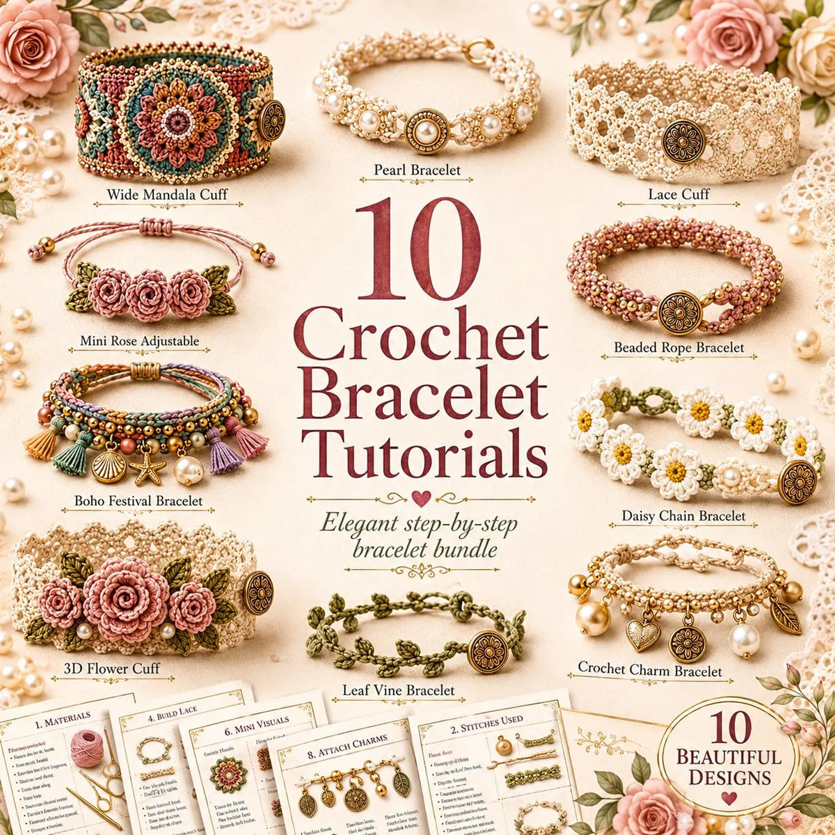 10 crochet bracelet patterns PDF bundle with elegant jewelry designs