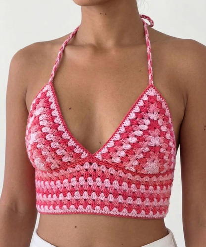 Close-up of the multicolor granny stitch pattern on the bralette cups