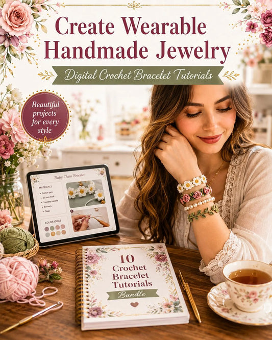 Preview of the DIY crochet bracelet PDF pattern showing several designs