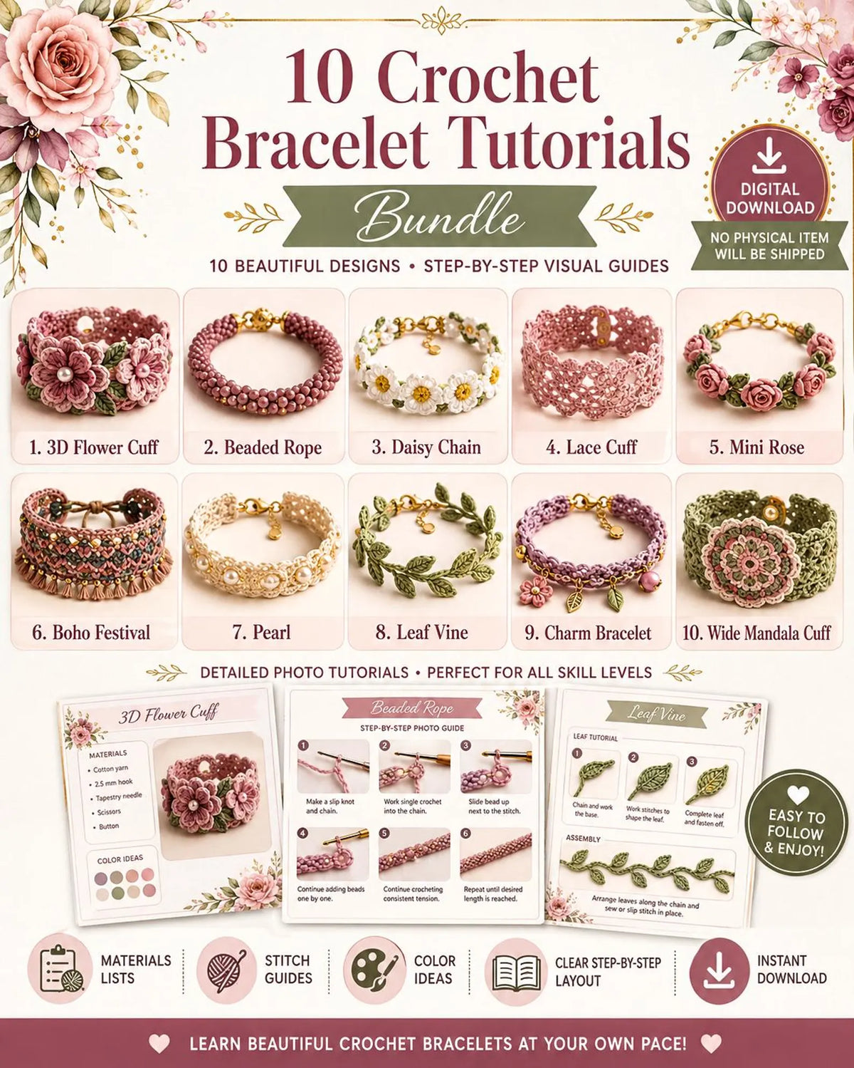 Floral crochet bracelet design from the jewelry pattern bundle