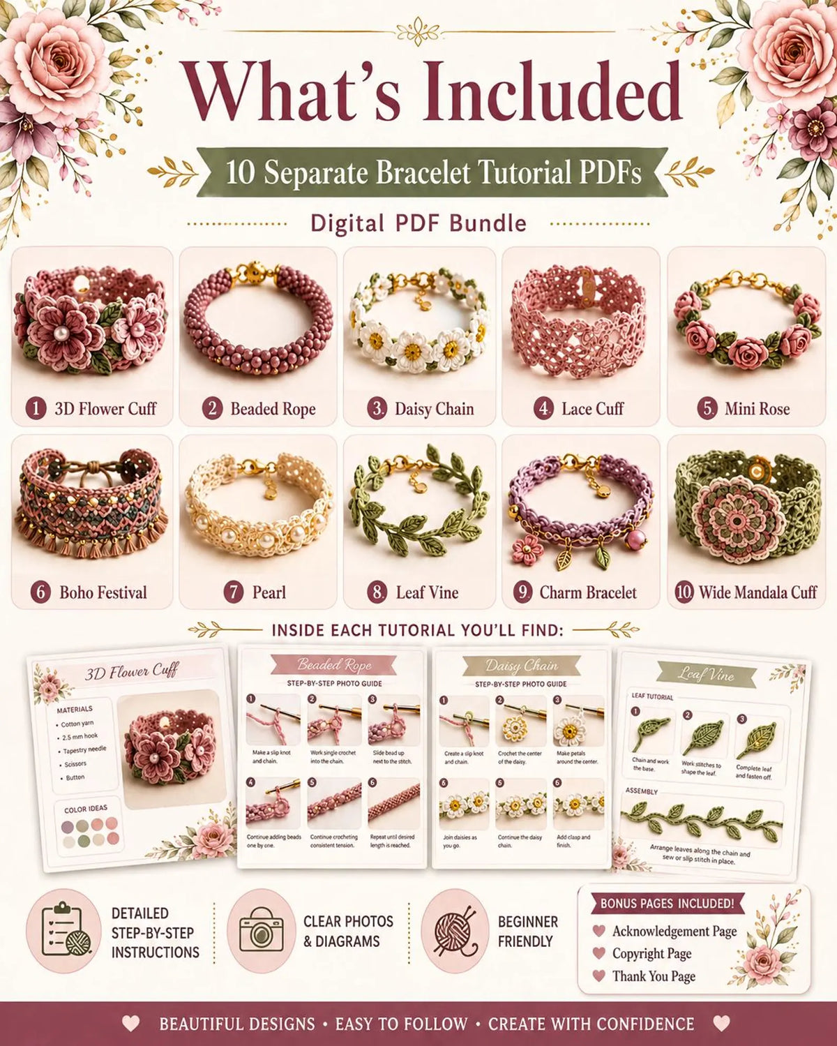 Boho crochet bracelet and cuff designs from the bundle