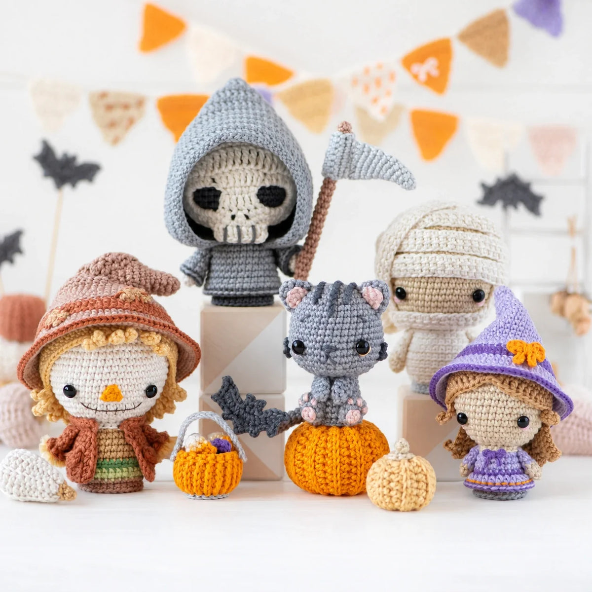 Five crocheted Halloween amigurumi: scarecrow, grim reaper, mummy, witch and cat