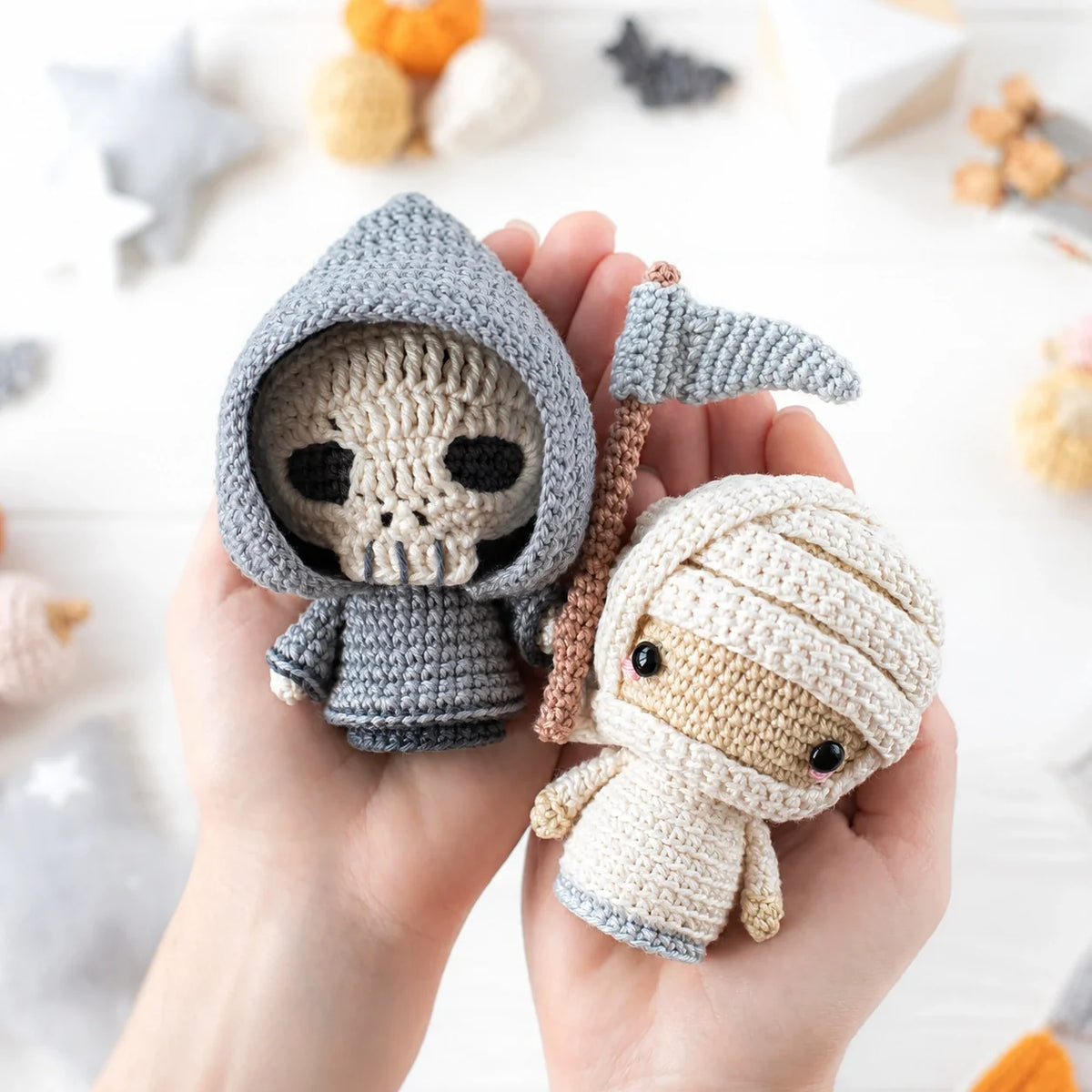 Crocheted grim reaper amigurumi figure