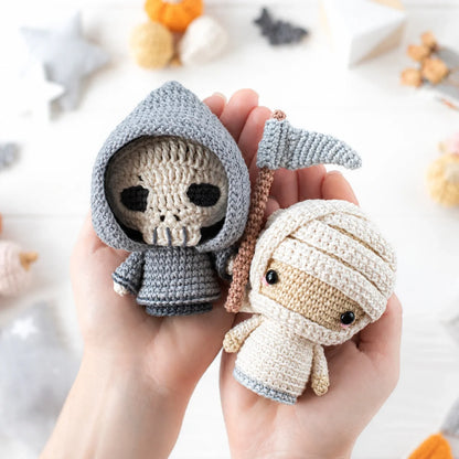 Crocheted grim reaper amigurumi figure