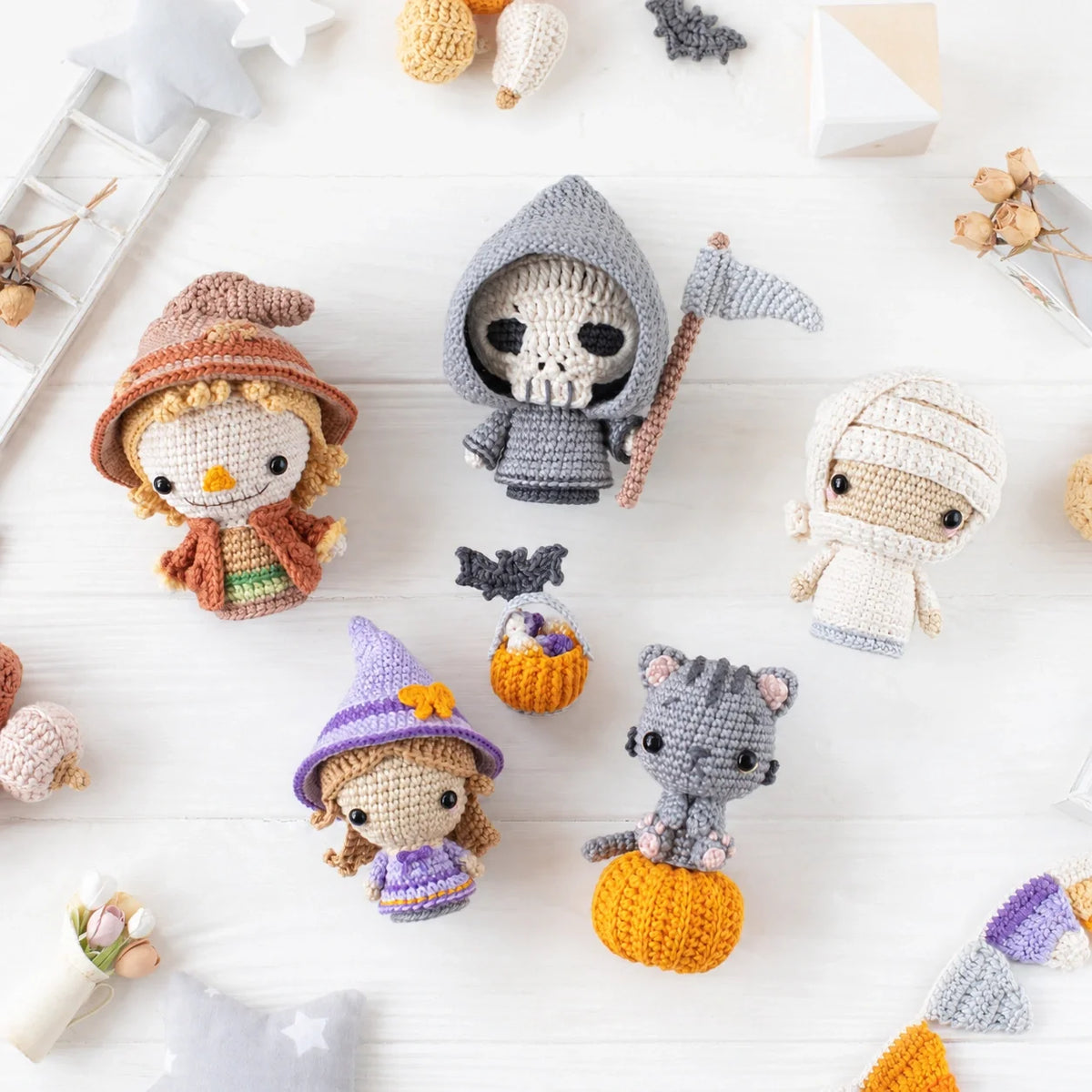 Crocheted little witch amigurumi figure