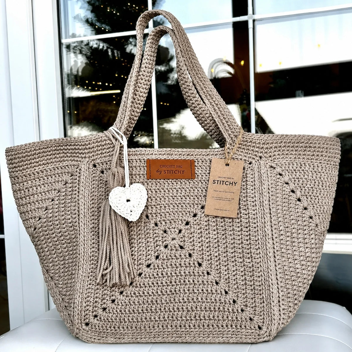 Finished Granny Five crochet tote with long handles