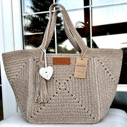 Finished Granny Five crochet tote with long handles