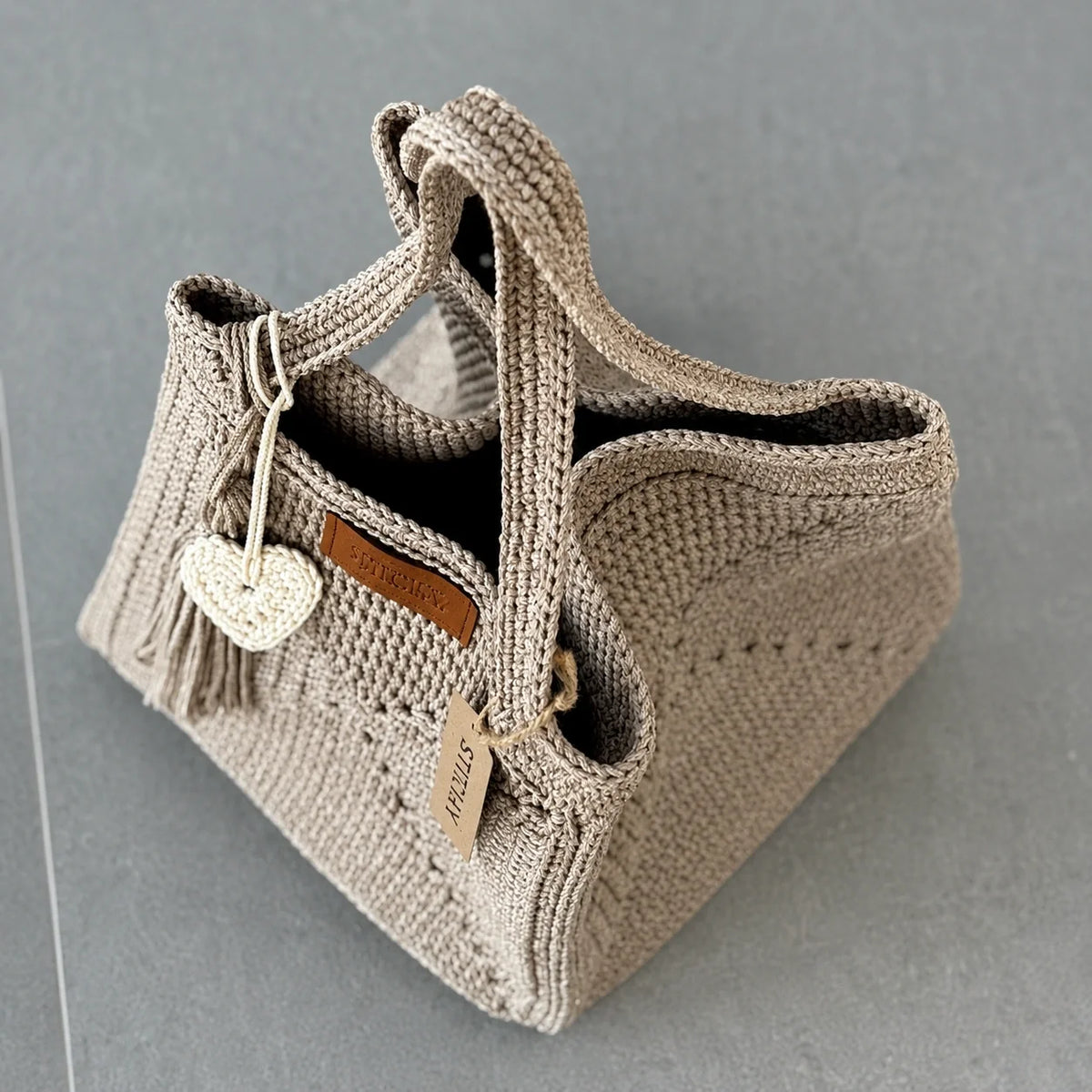 Granny Five tote bag shown open to display its roomy interior