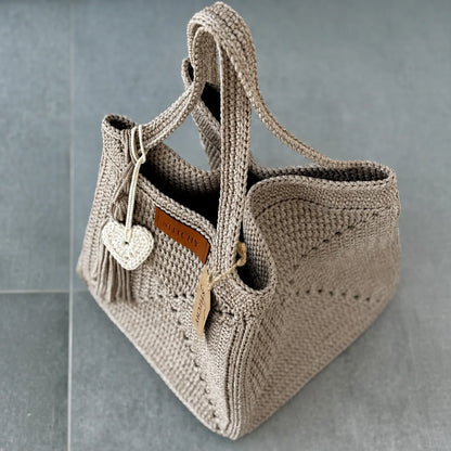 Crocheted granny square tote styled for everyday use