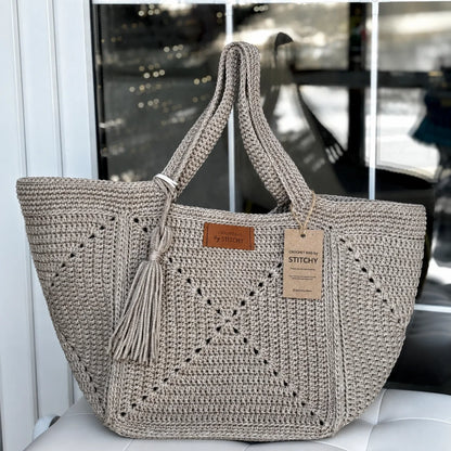 Granny Five crochet tote bag held in hand