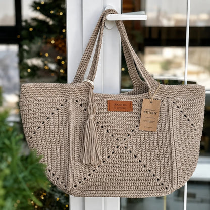 Granny Five tote bag flat lay with crochet supplies
