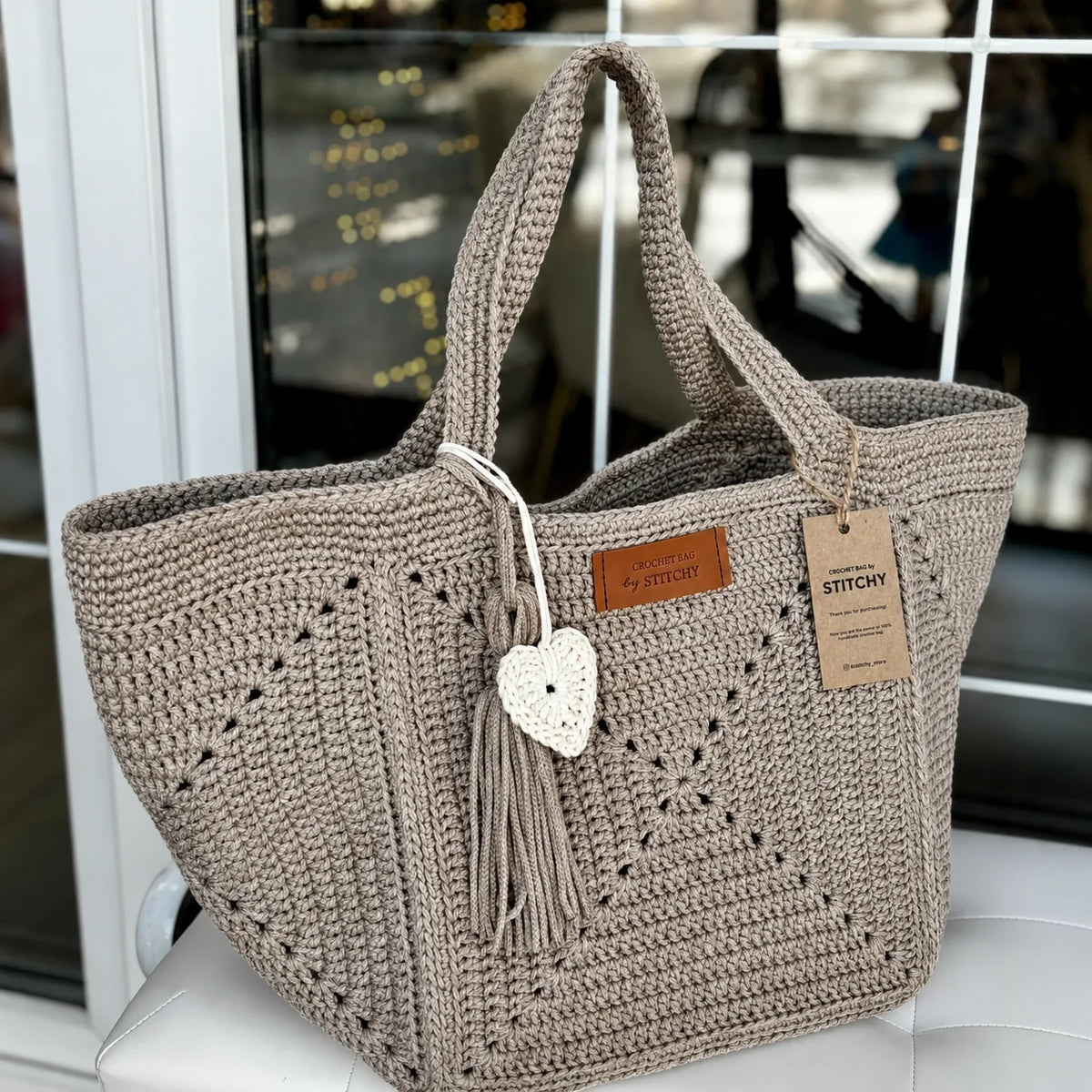 Crocheted Granny Five tote bag made with 3 mm cord, front view