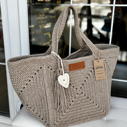 Crocheted Granny Five tote bag made with 3 mm cord, front view