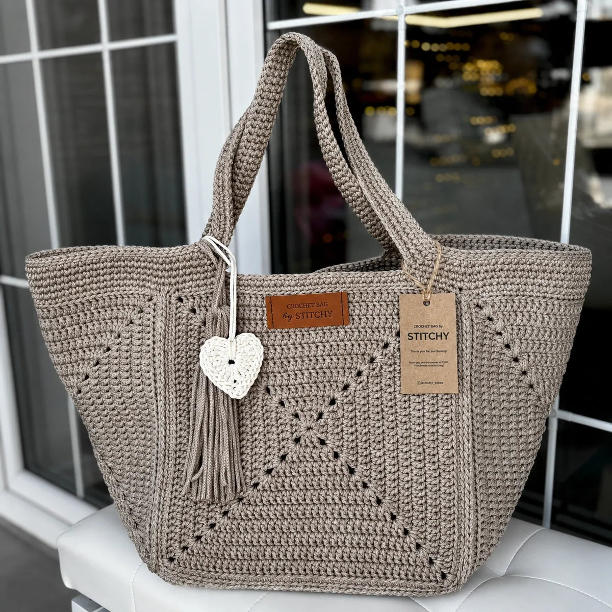 Granny Five granny square tote bag carried over the shoulder