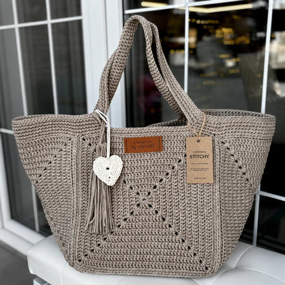 Granny Five granny square tote bag carried over the shoulder