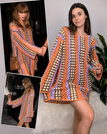 Taylor granny stitch crochet dress with long sleeves worn by a model