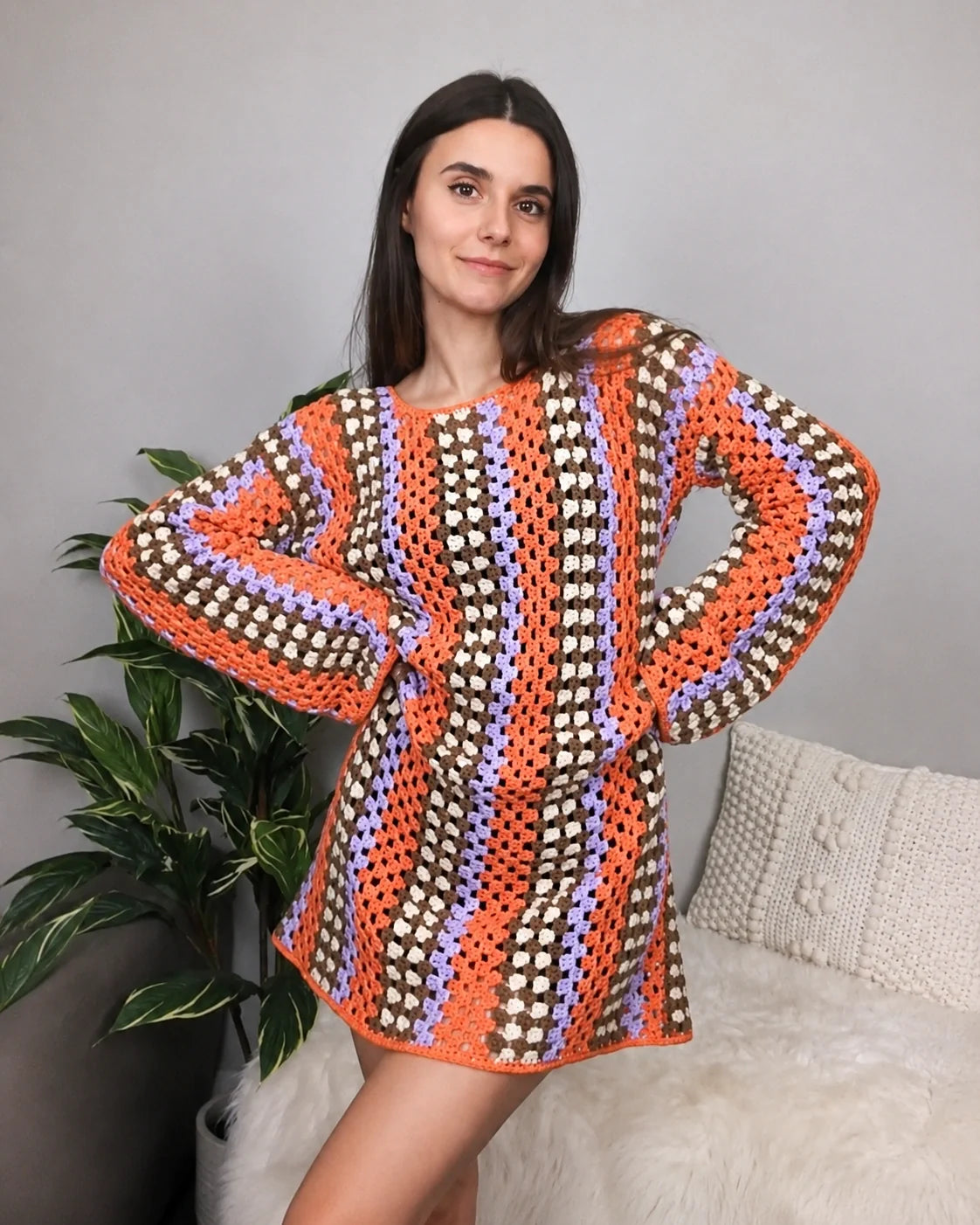 Taylor crochet dress in a colorful granny stitch stripe design