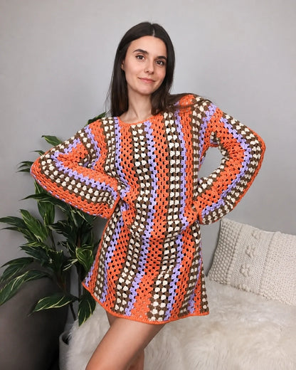 Taylor crochet dress in a colorful granny stitch stripe design