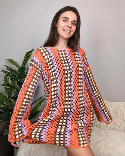 Full-length view of the long-sleeve granny stitch dress