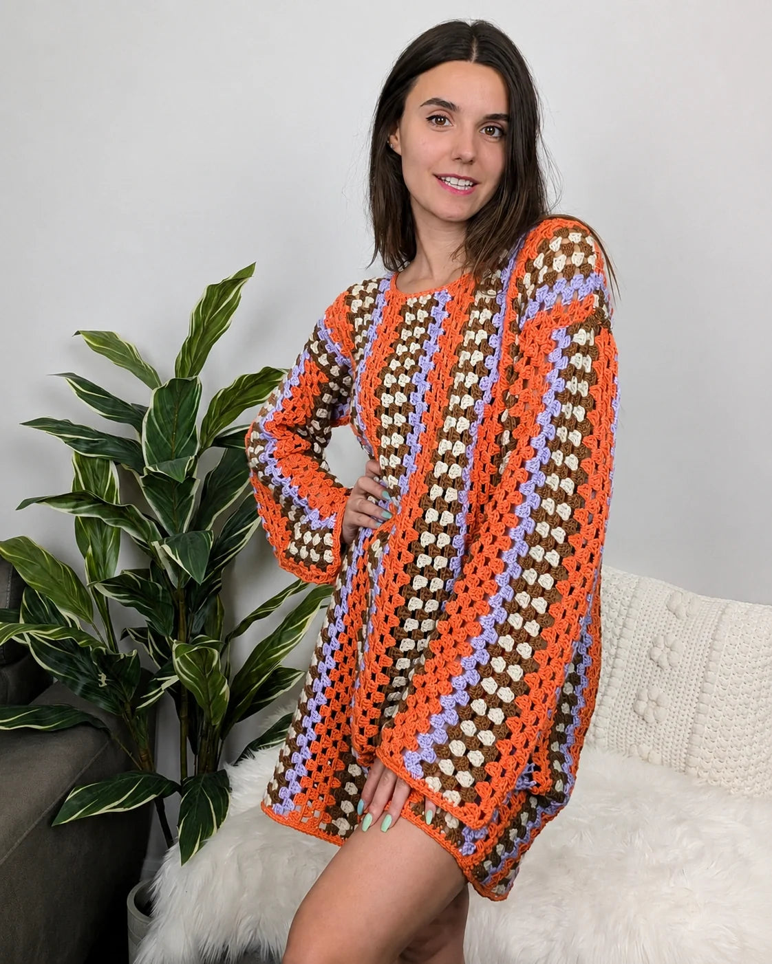 Back view of the Taylor crochet dress showing the granny stitch texture