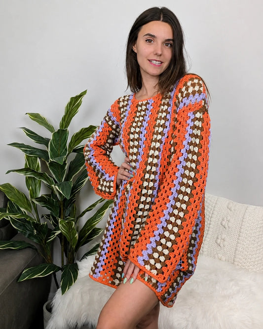 Back view of the Taylor crochet dress showing the granny stitch texture
