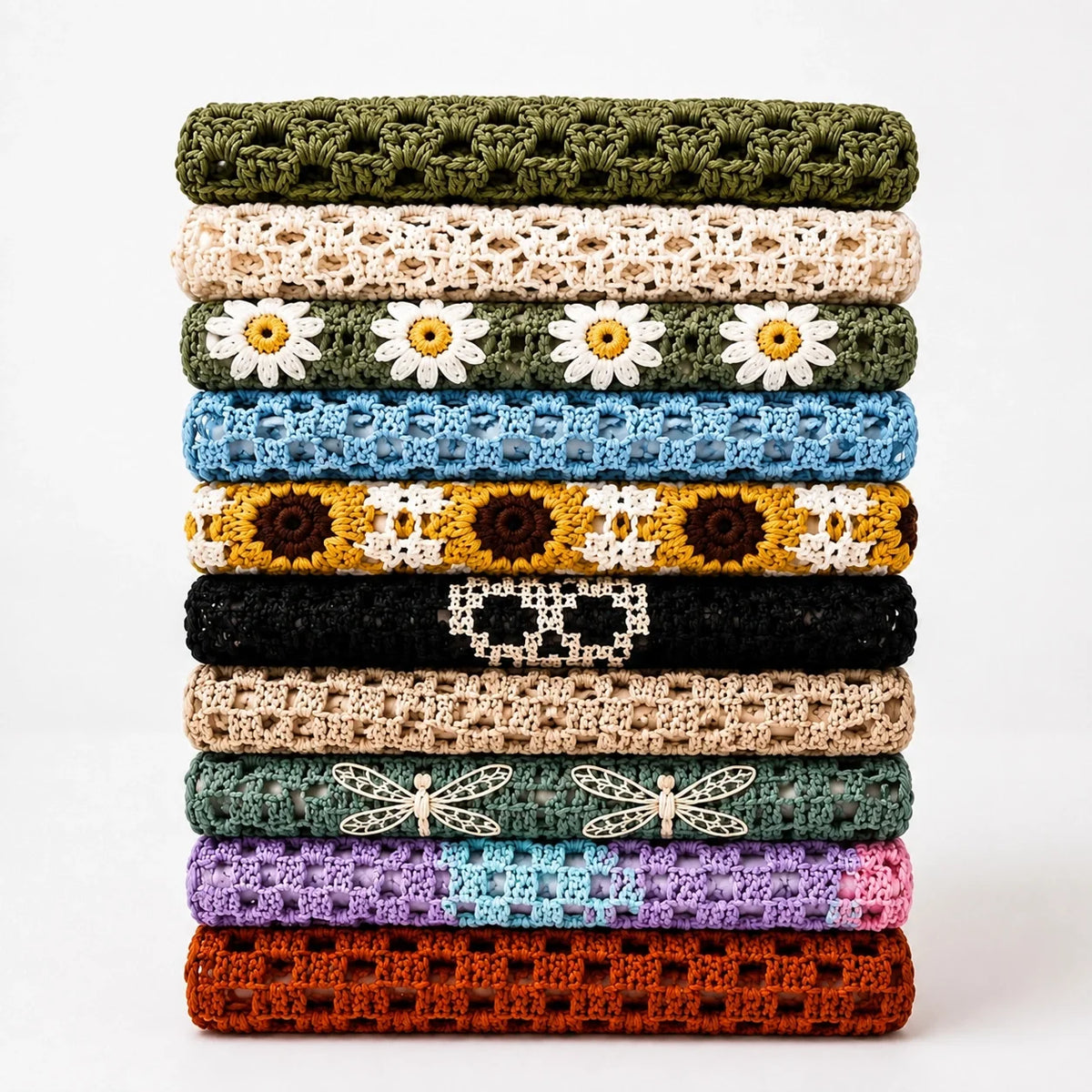Cottagecore crochet bandana with delicate flower motifs