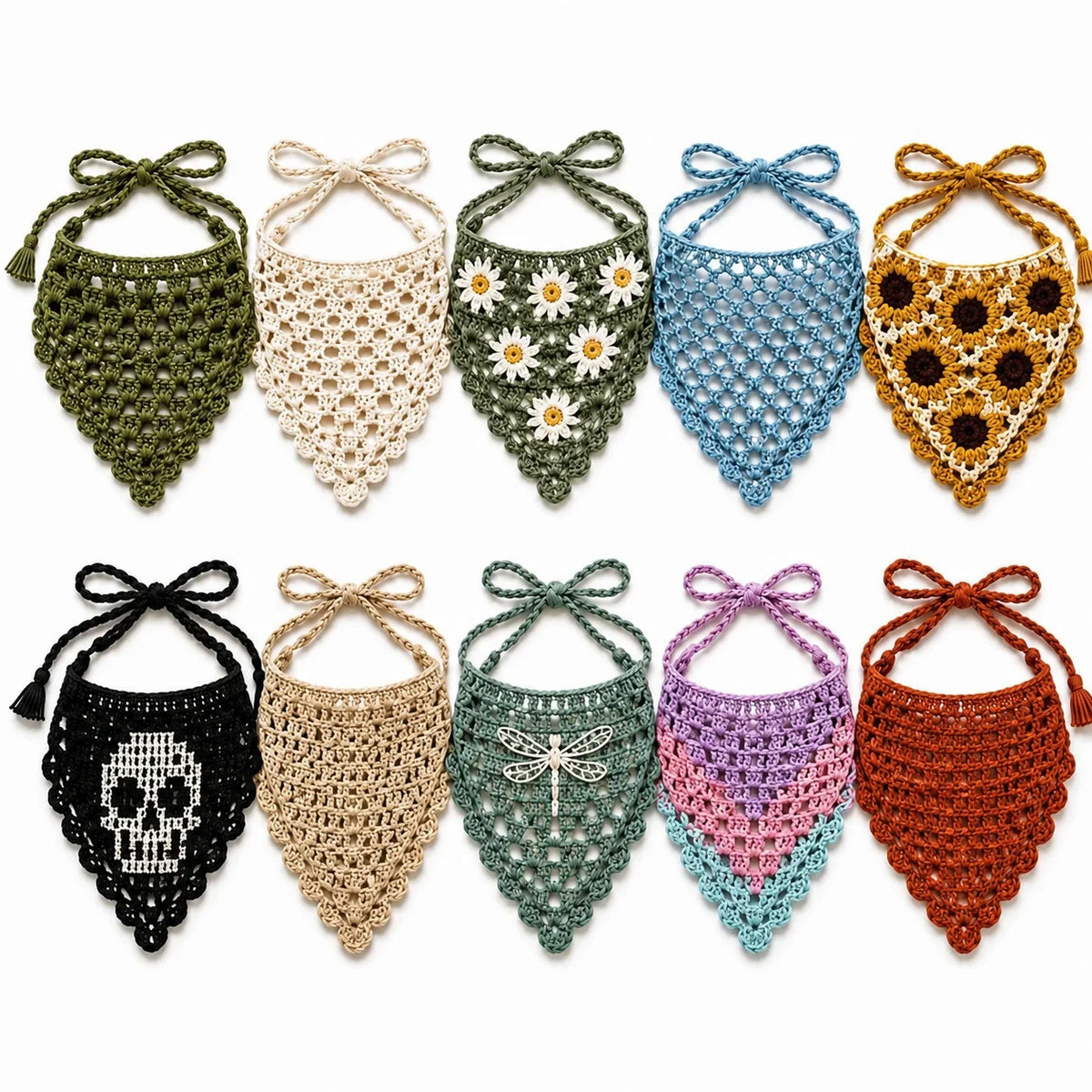 Crochet bandana tied over the hair for a summer look