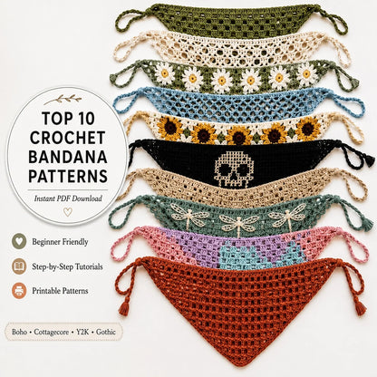 Collection of 10 crochet bandana designs from the pattern bundle