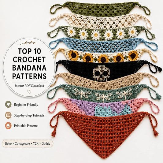 Collection of 10 crochet bandana designs from the pattern bundle