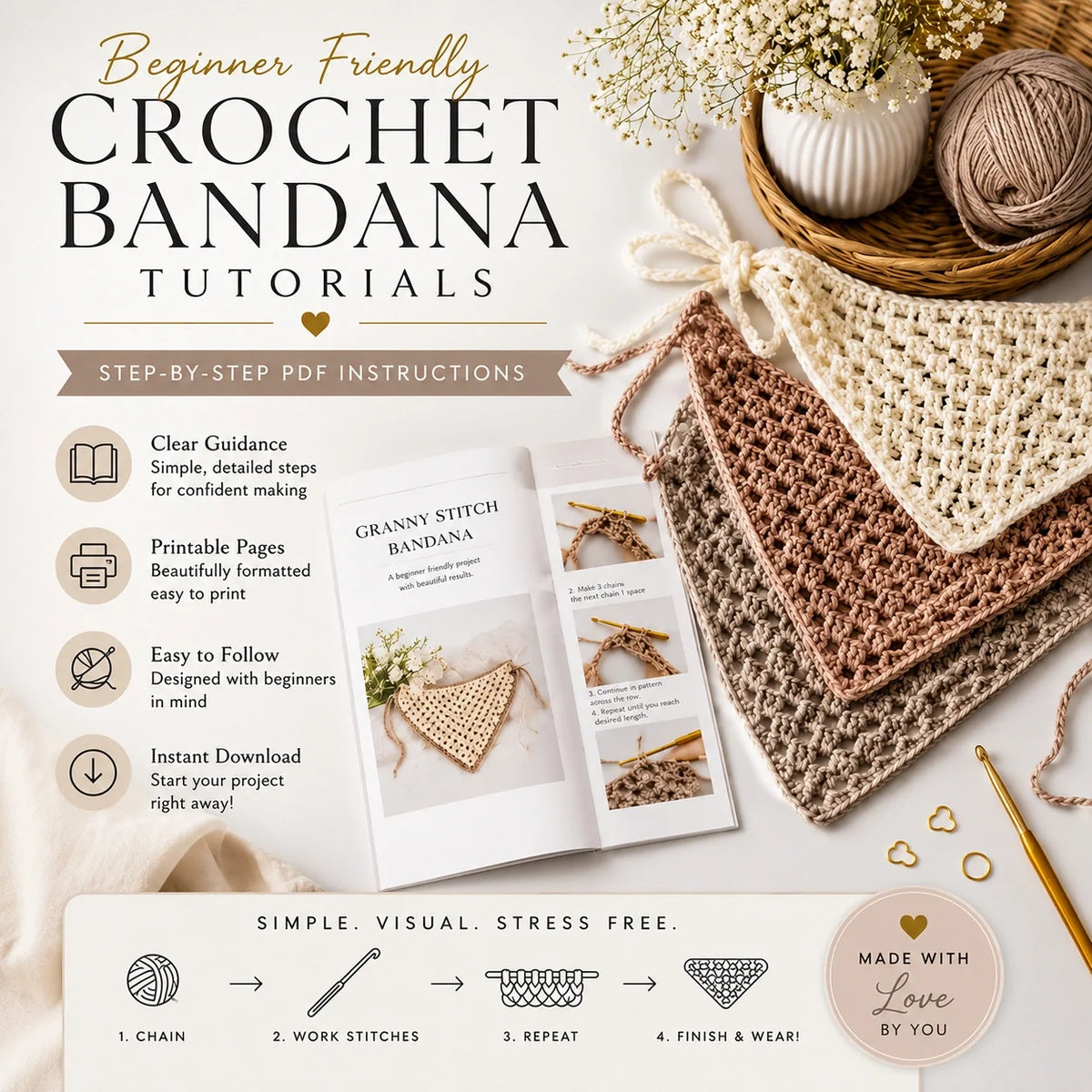 Striped crochet bandana in pastel tones