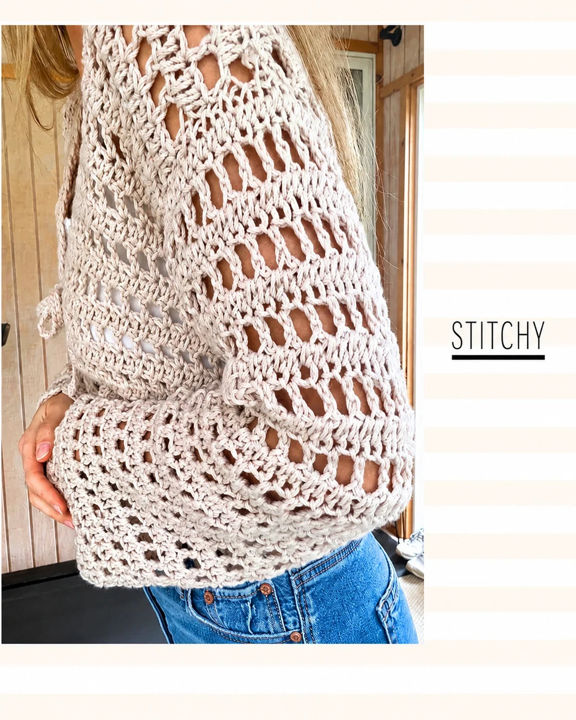 Back view of the crocheted open mesh cardigan