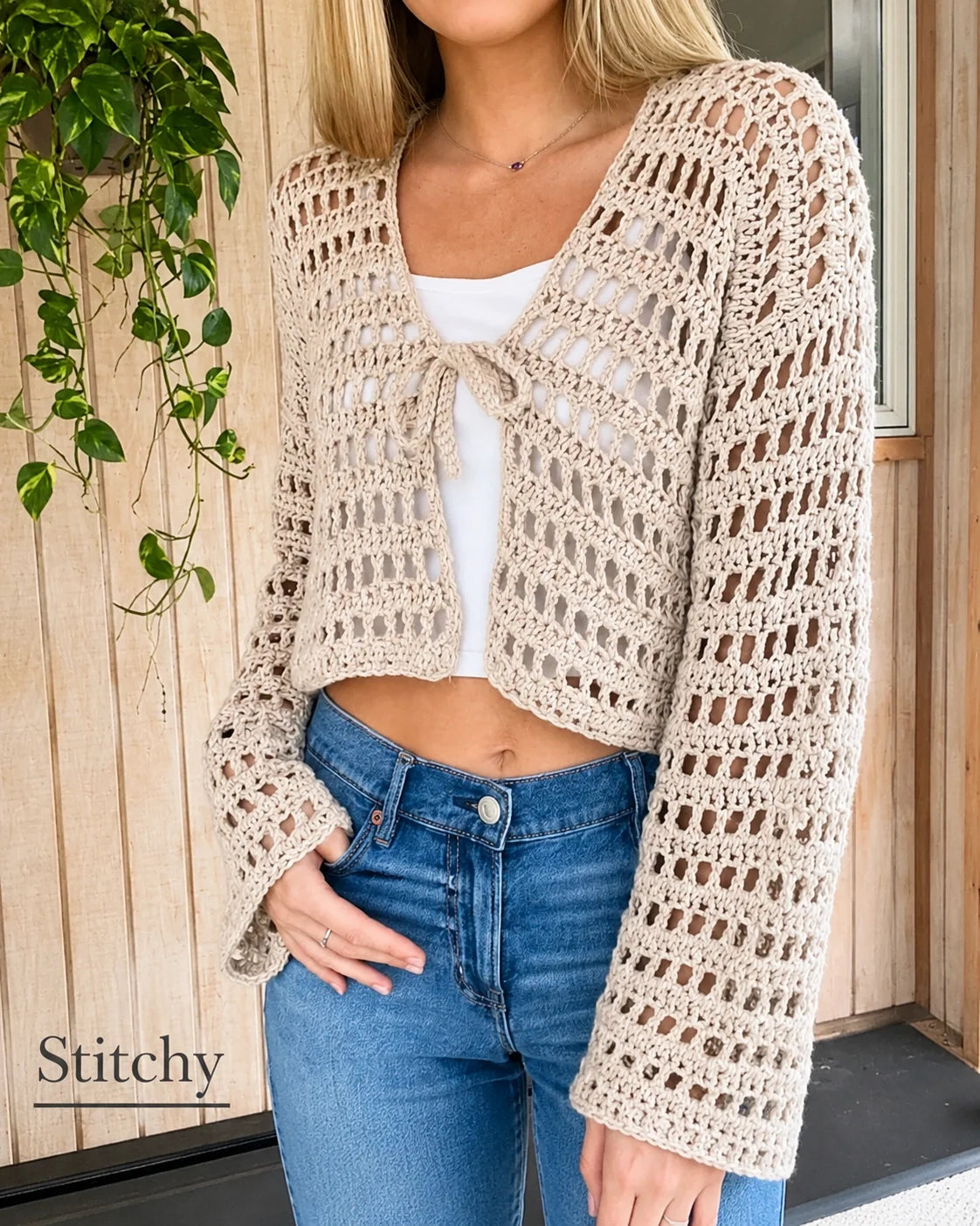 Crochet tie-front cardigan styled with a summer dress