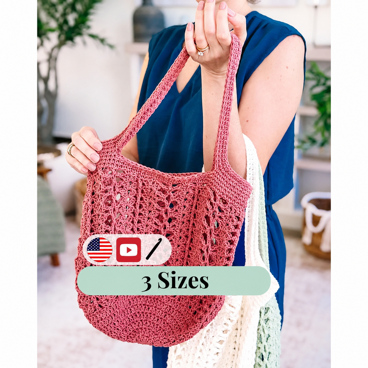 Woman carrying a crochet mesh market bag filled with produce