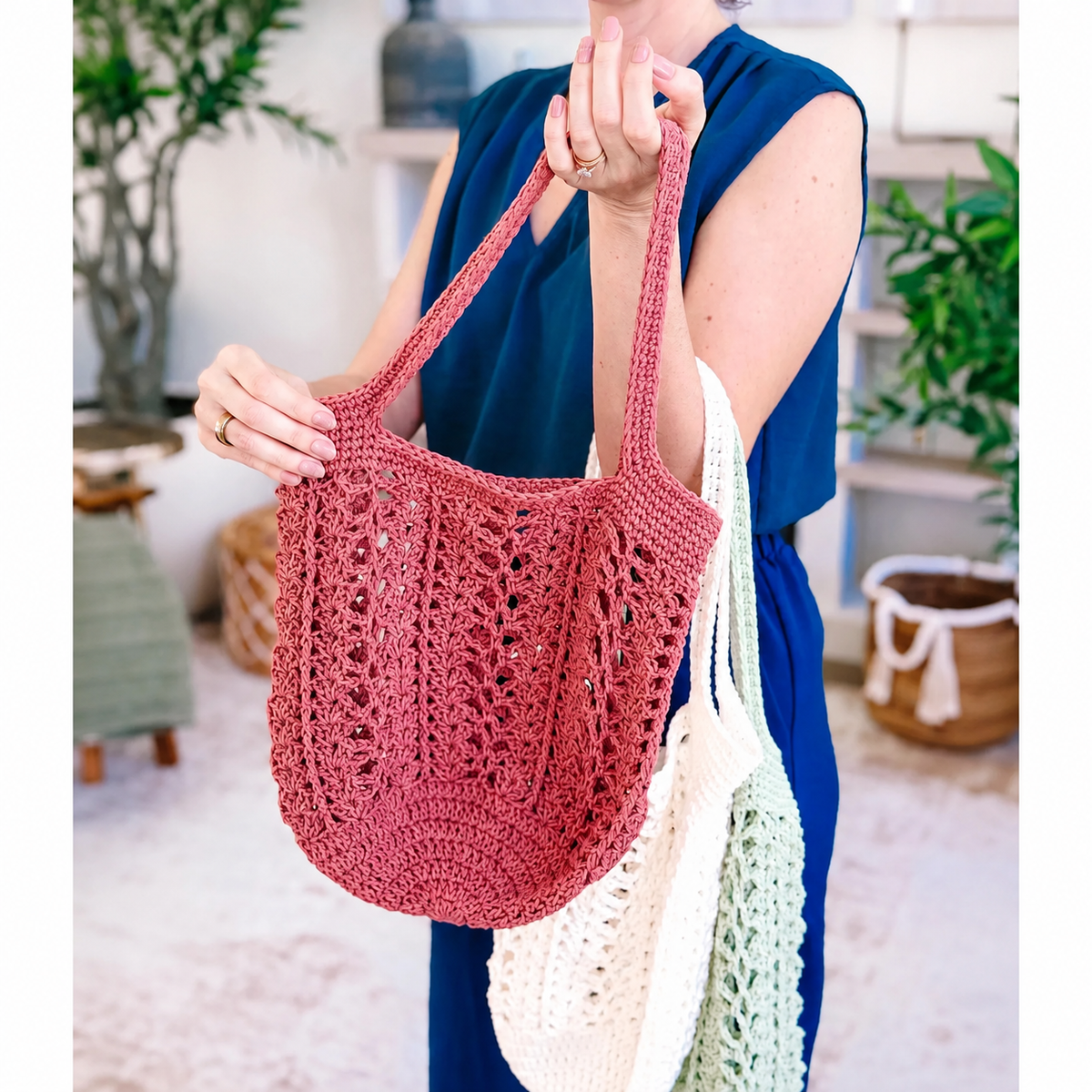 Willow mesh crochet bag hanging on a hook