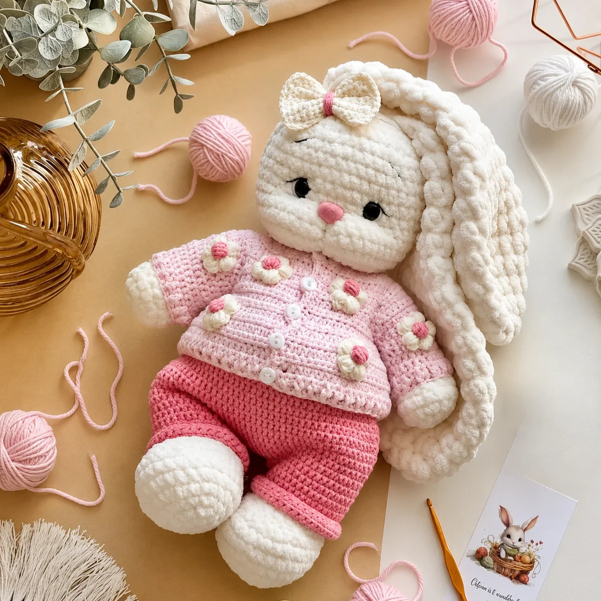Crocheted Bella bunny with a bow and headband