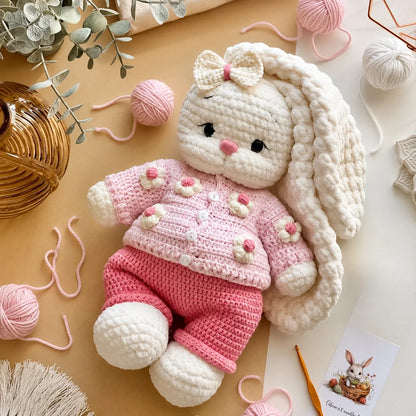 Crocheted Bella bunny with a bow and headband