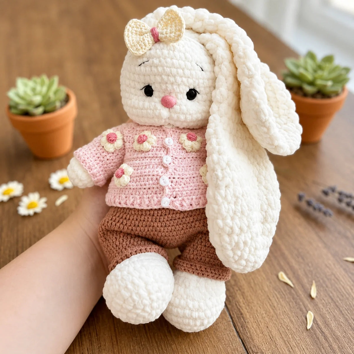 Bella amigurumi bunny in a knit-look sweater and pants