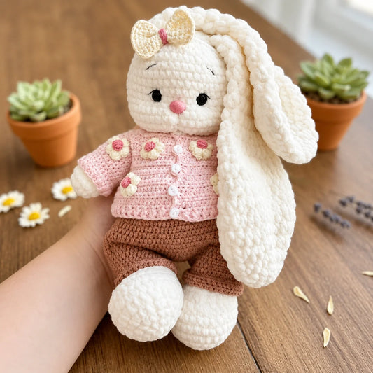 Bella amigurumi bunny in a knit-look sweater and pants