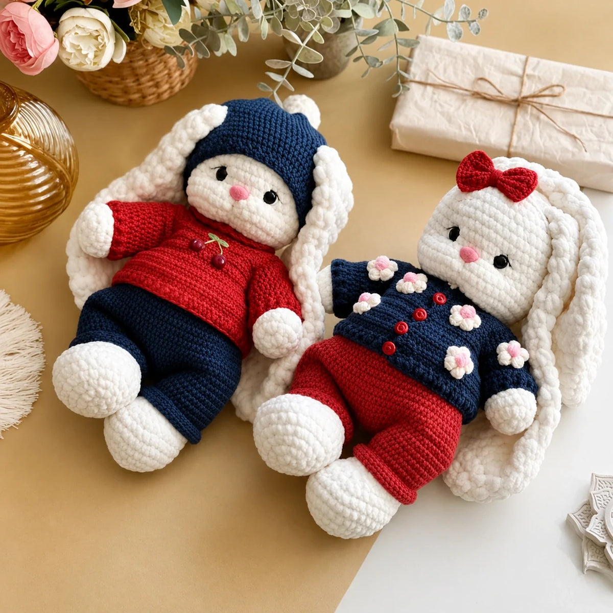 Bella crochet bunny shown with her separate outfit pieces