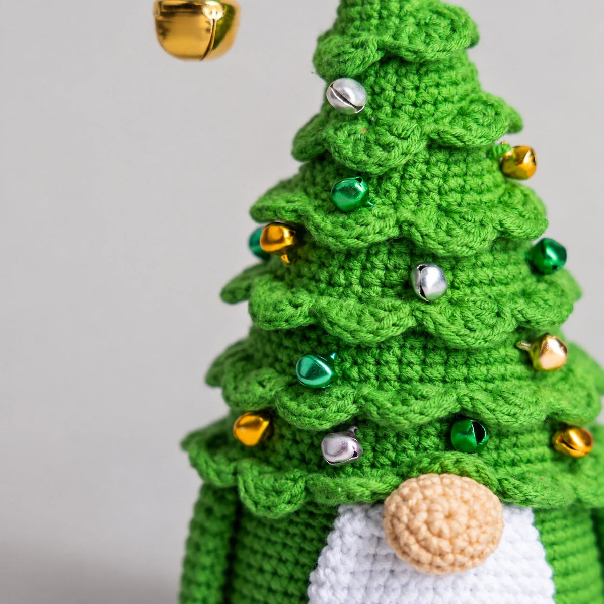 Hand-crocheted tree gnome as a holiday table centerpiece
