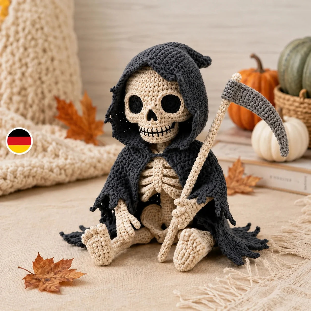 Bitty Grim crochet grim reaper skeleton amigurumi with hood, cape and scythe