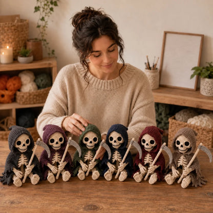 Small crocheted grim reaper skeleton sitting on a desk