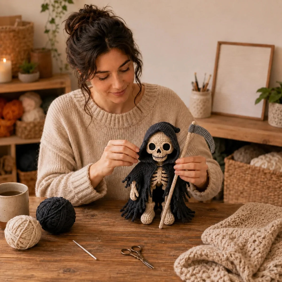 Bitty Grim amigurumi in a fall Halloween arrangement