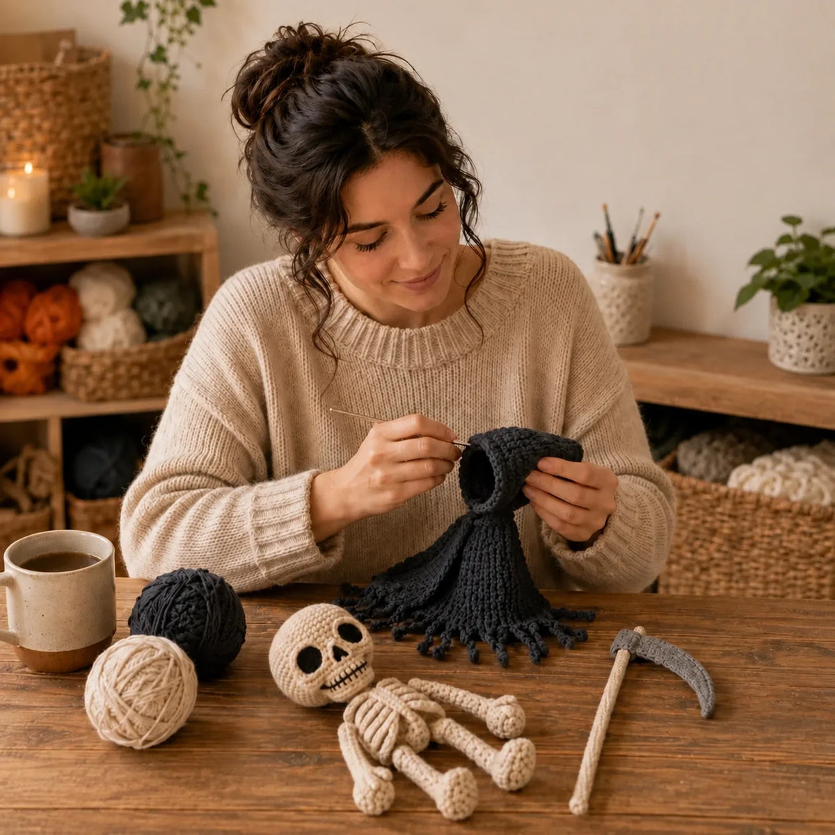 Crochet grim reaper figure from behind showing hood and cape
