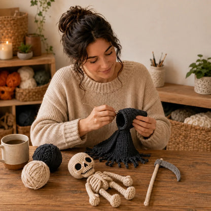Crochet grim reaper figure from behind showing hood and cape